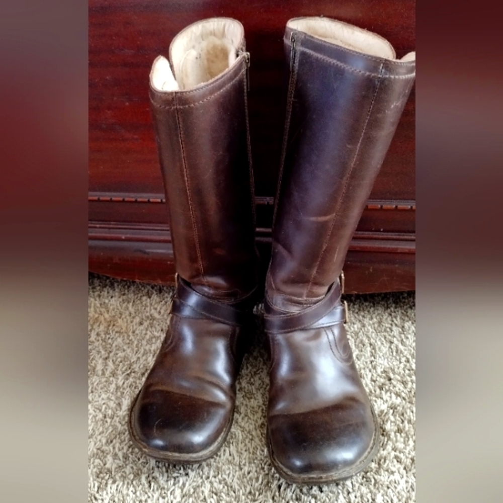 UGG brown leather boots, tall